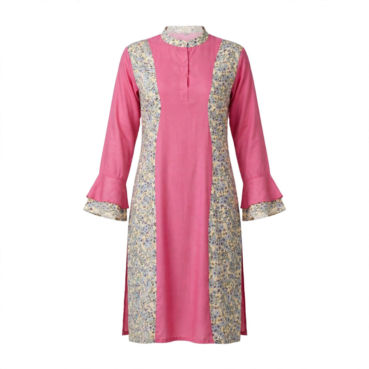 Pink kurti with floral side panels, mandarin collar and ruffled bell sleeves