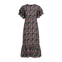 Black ditsy floral midi dress with flutter sleeves and tiered frill hem