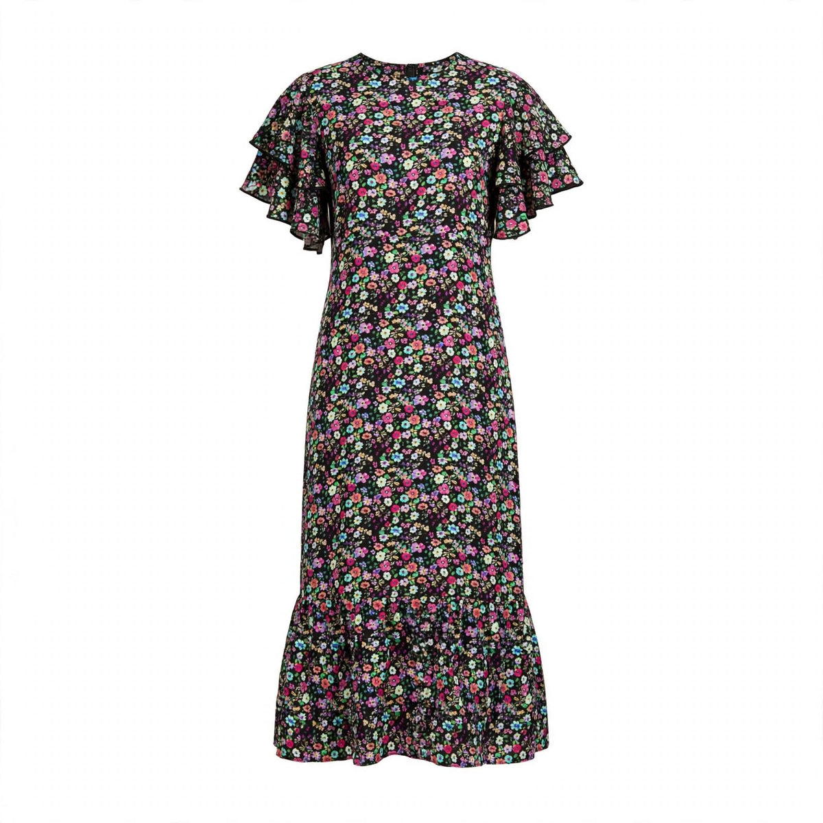 Black ditsy floral midi dress with flutter sleeves and tiered frill hem