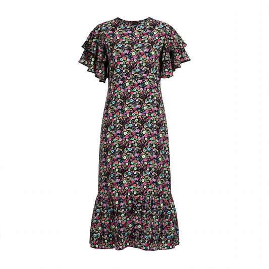Black ditsy floral midi dress with flutter sleeves and tiered frill hem