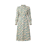 Teal and blush floral high neck midi dress with puff sleeves