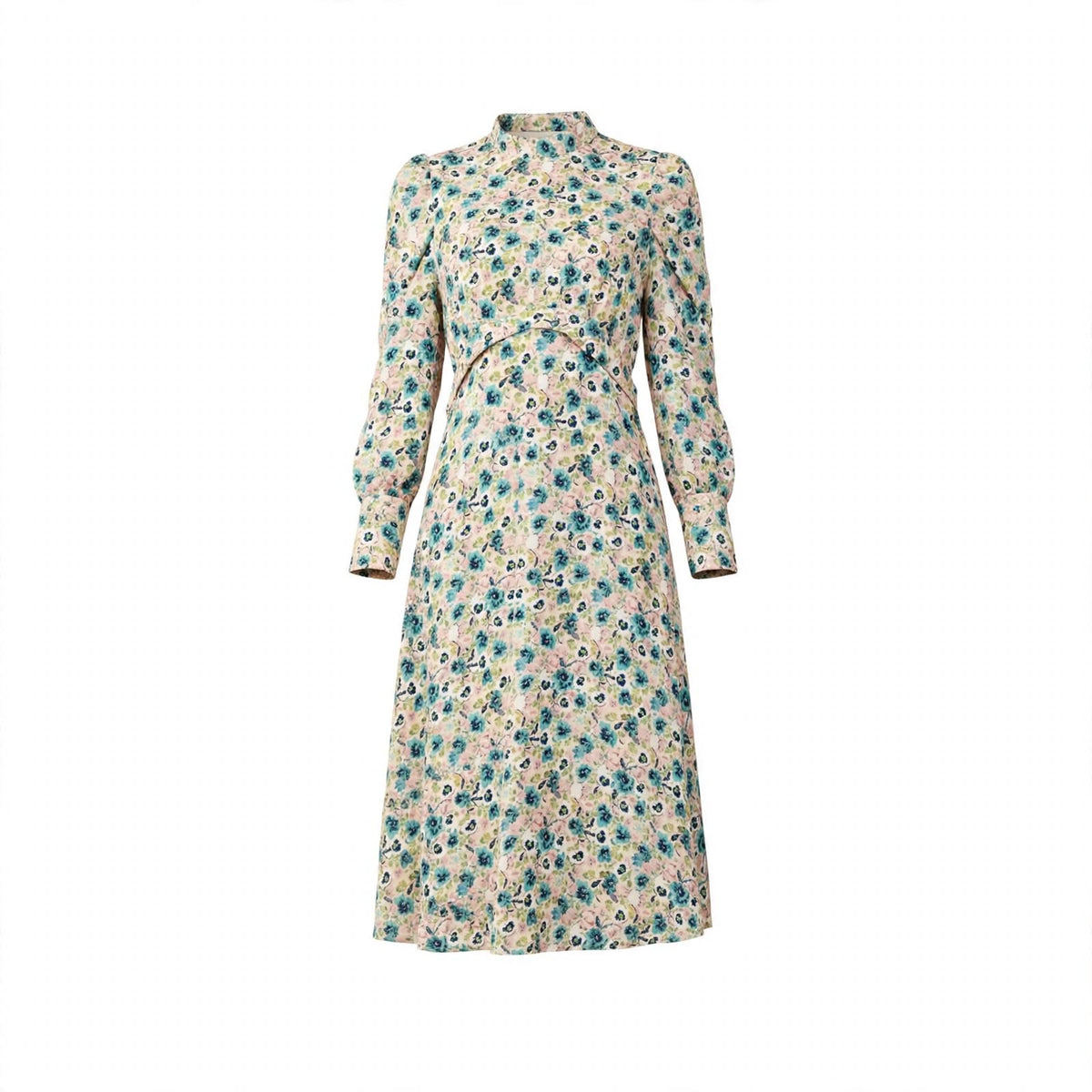 Teal and blush floral high neck midi dress with puff sleeves