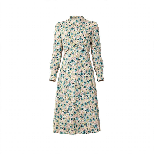 Teal and blush floral high neck midi dress with puff sleeves
