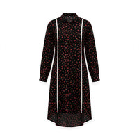 Black red rose print shirt dress with white lace panels and high-low midi hem