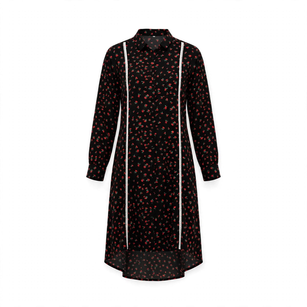 Black red rose print shirt dress with white lace panels and high-low midi hem