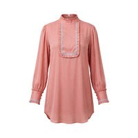 Dusty rose pleated bib tunic top with ruffled high neck and white lace trim