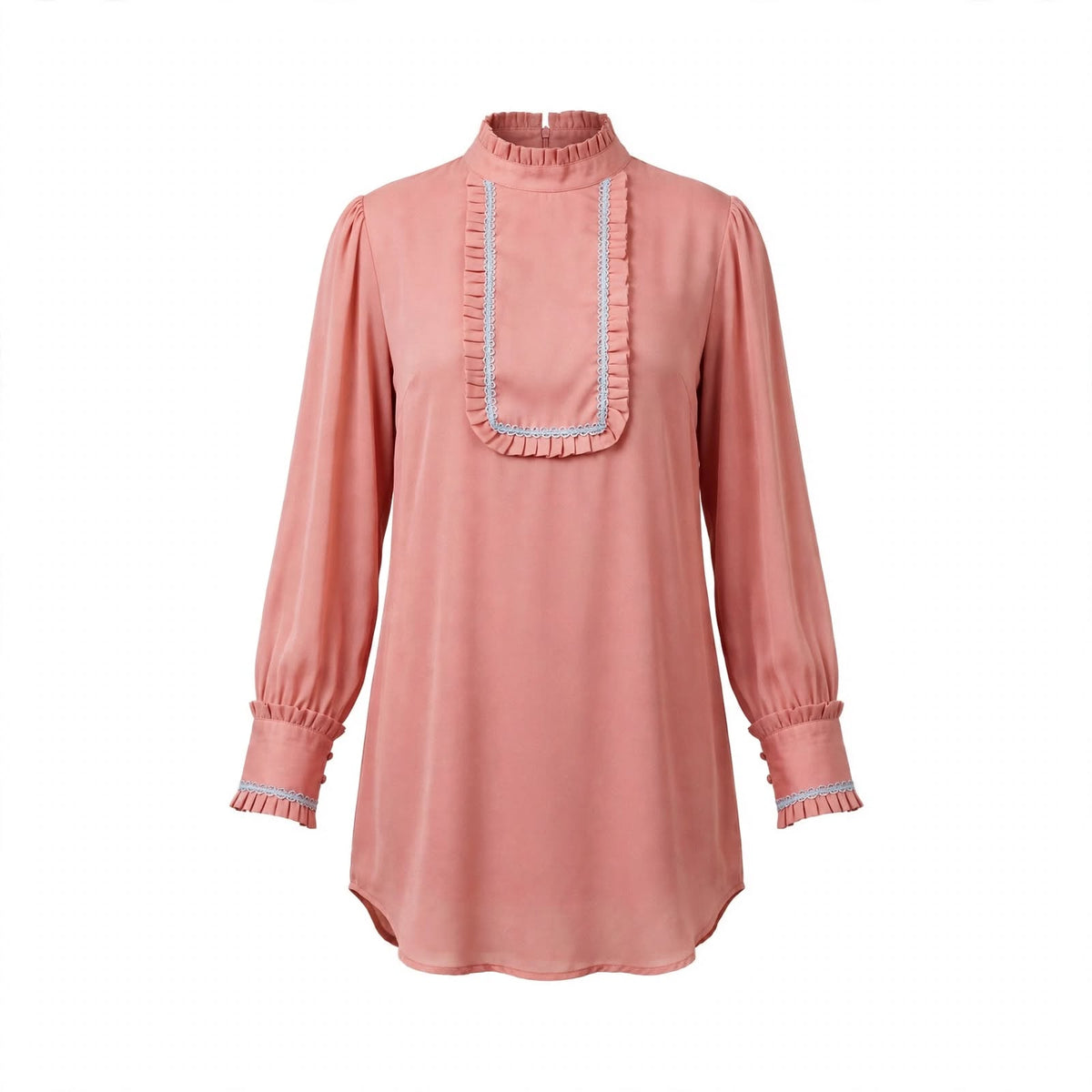 Dusty rose pleated bib tunic top with ruffled high neck and white lace trim