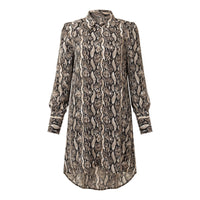 Beige snake print chiffon shirt dress with collar and dipped back hem