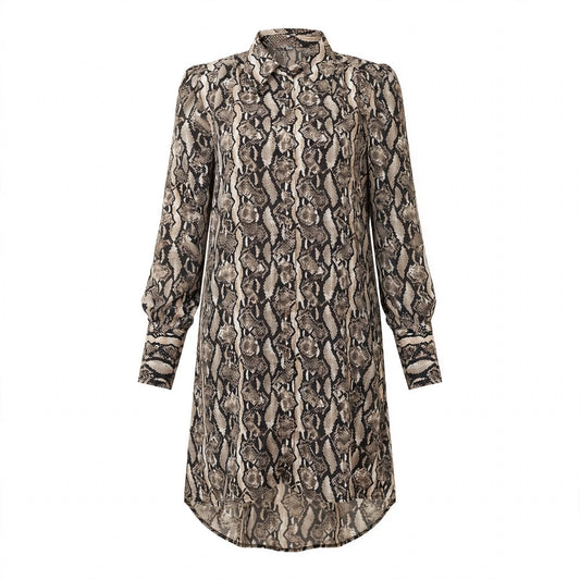 Beige snake print chiffon shirt dress with collar and dipped back hem