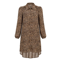 Brown leopard print chiffon shirt dress with collar and high-low hem