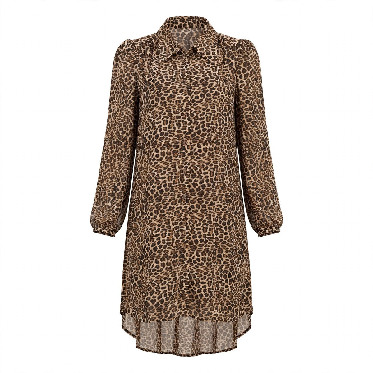 Brown leopard print chiffon shirt dress with collar and high-low hem