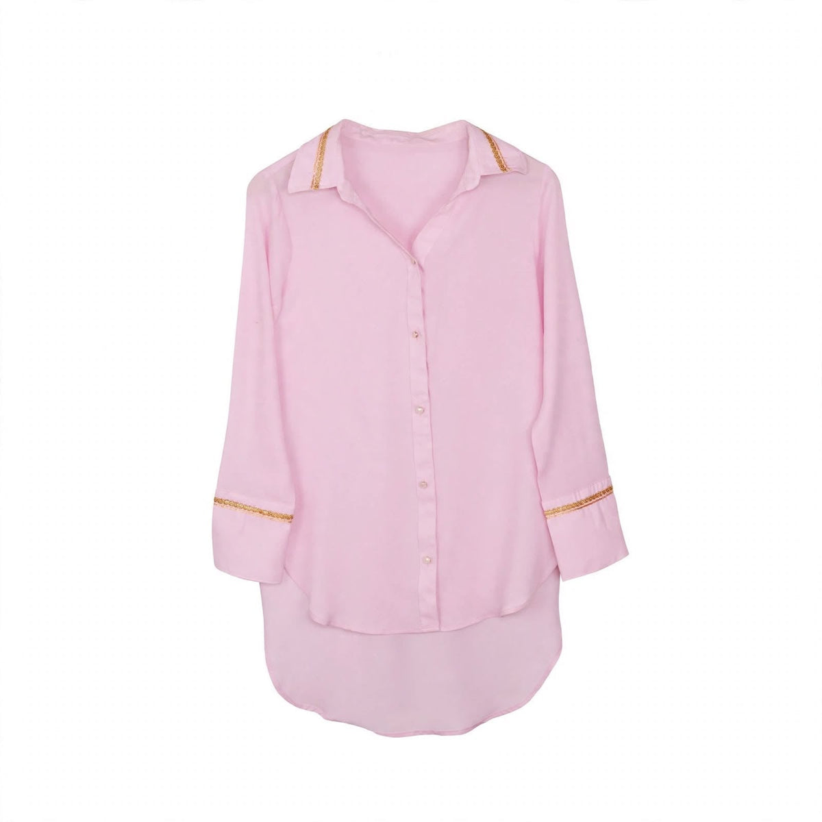 Baby pink long shirt with gold lace trim and curved high-low hem