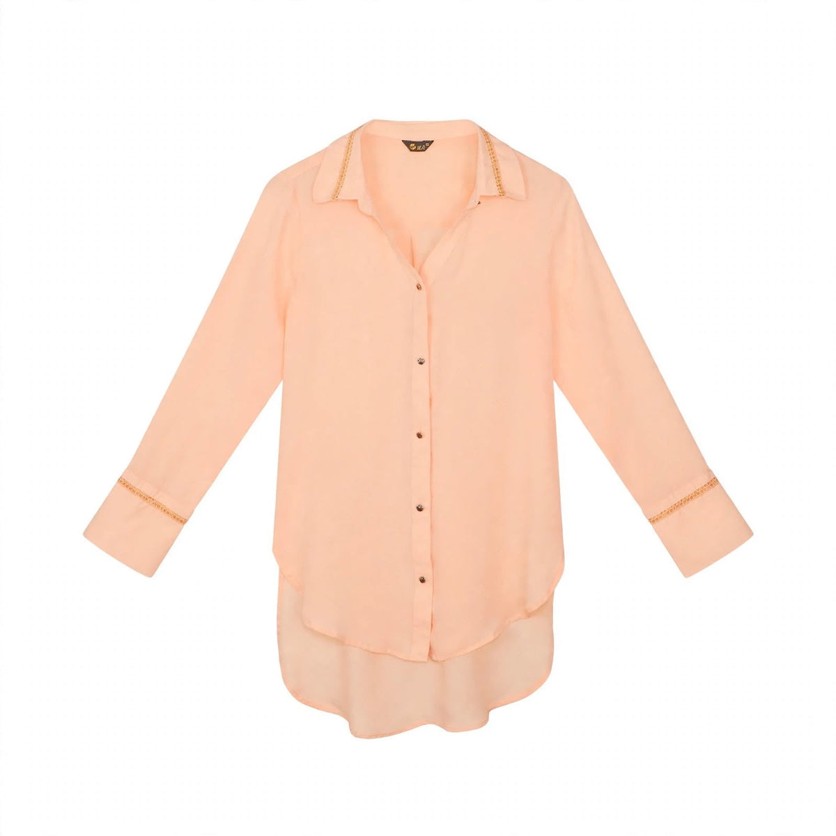 Peach long shirt with gold lace trim on collar and sleeves