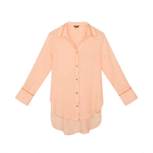 Peach long shirt with gold lace trim on collar and sleeves