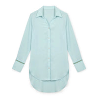 Mint green collared long shirt with gold lace sleeve trim and high-low hem
