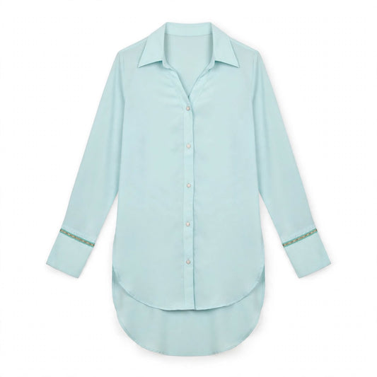 Mint green collared long shirt with gold lace sleeve trim and high-low hem