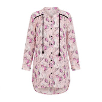 Pink unicorn print chiffon shirt dress with black tassel shoulder ties
