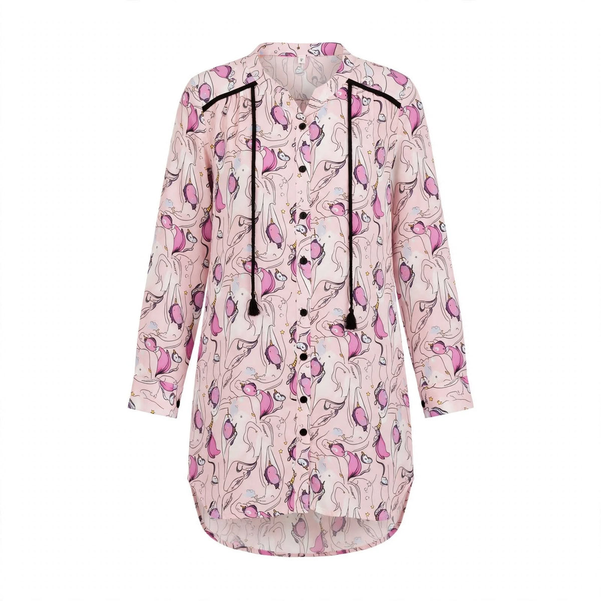 Pink unicorn print chiffon shirt dress with black tassel shoulder ties