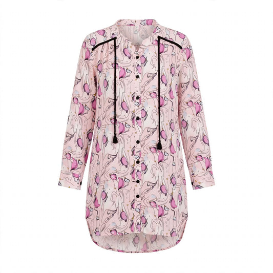 Pink unicorn print chiffon shirt dress with black tassel shoulder ties