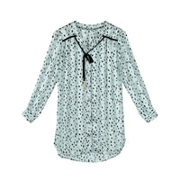 Mint green polka dot chiffon tunic shirt with black tassel tie neckline