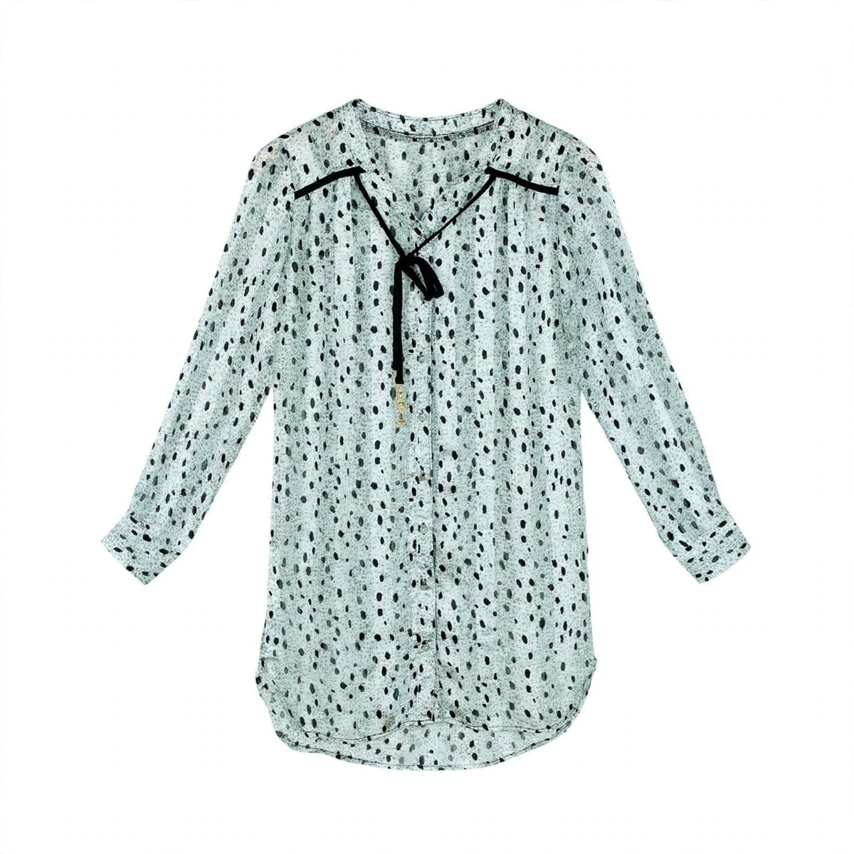 Mint green polka dot chiffon tunic shirt with black tassel tie neckline