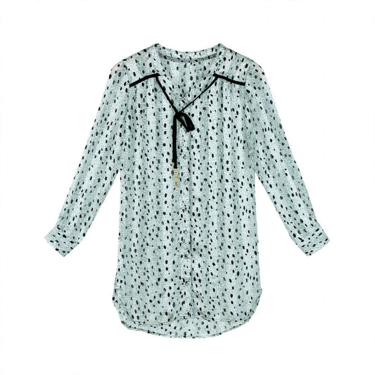 Mint green polka dot chiffon tunic shirt with black tassel tie neckline