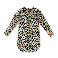 Olive and rust leopard print chiffon tunic shirt with black tassel tie and high-low hem
