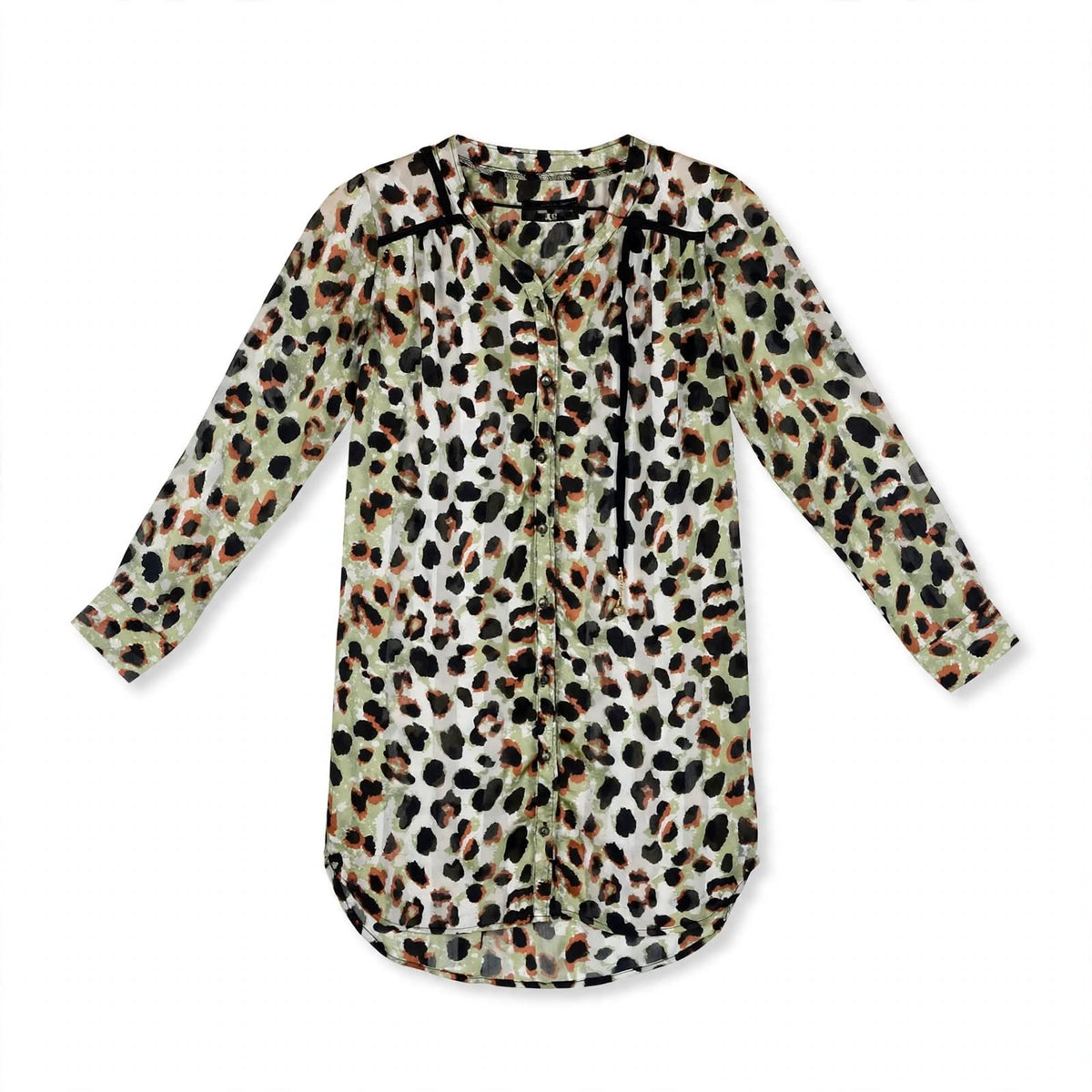 Olive and rust leopard print chiffon tunic shirt with black tassel tie and high-low hem
