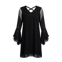Black chiffon dress with silver chain fringe shoulders and bell sleeves