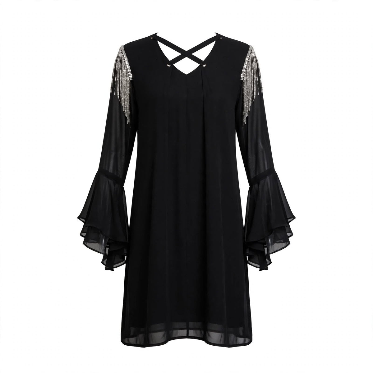 Black chiffon dress with silver chain fringe shoulders and bell sleeves