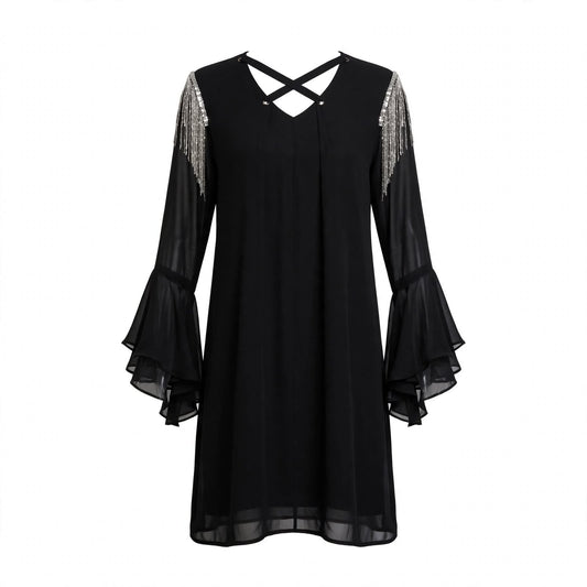 Black chiffon dress with silver chain fringe shoulders and bell sleeves