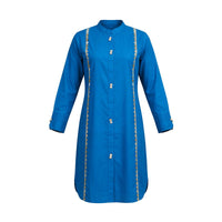 Blue long kurti with gold embroidered borders and pearl buttons