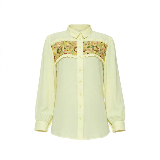 Pale lemon yellow shirt with embroidered floral yoke and ruffle trim