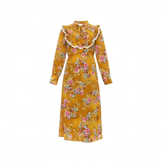 Mustard rose print midi dress with lace ruffle yoke and bow tie collar