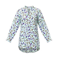 Mint green tunic shirt with purple floral print and high-low hem
