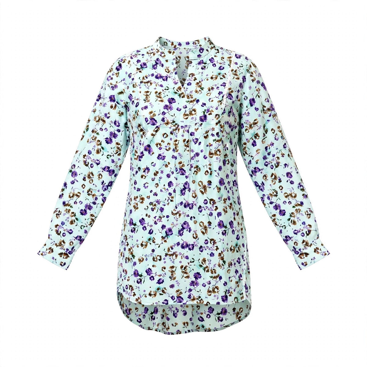 Mint green tunic shirt with purple floral print and high-low hem