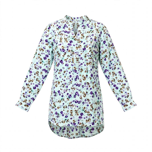 Mint green tunic shirt with purple floral print and high-low hem