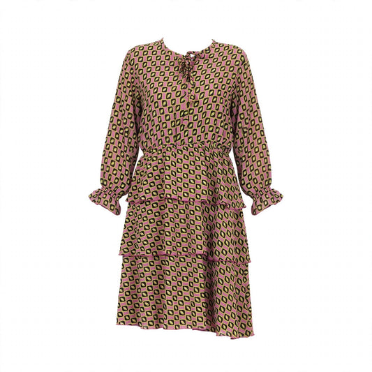 Dusty pink geometric print tiered dress with tie neck and ruffled cuffs
