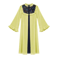 Lime green long shrug with navy sequin yoke and ruffled bell cuffs