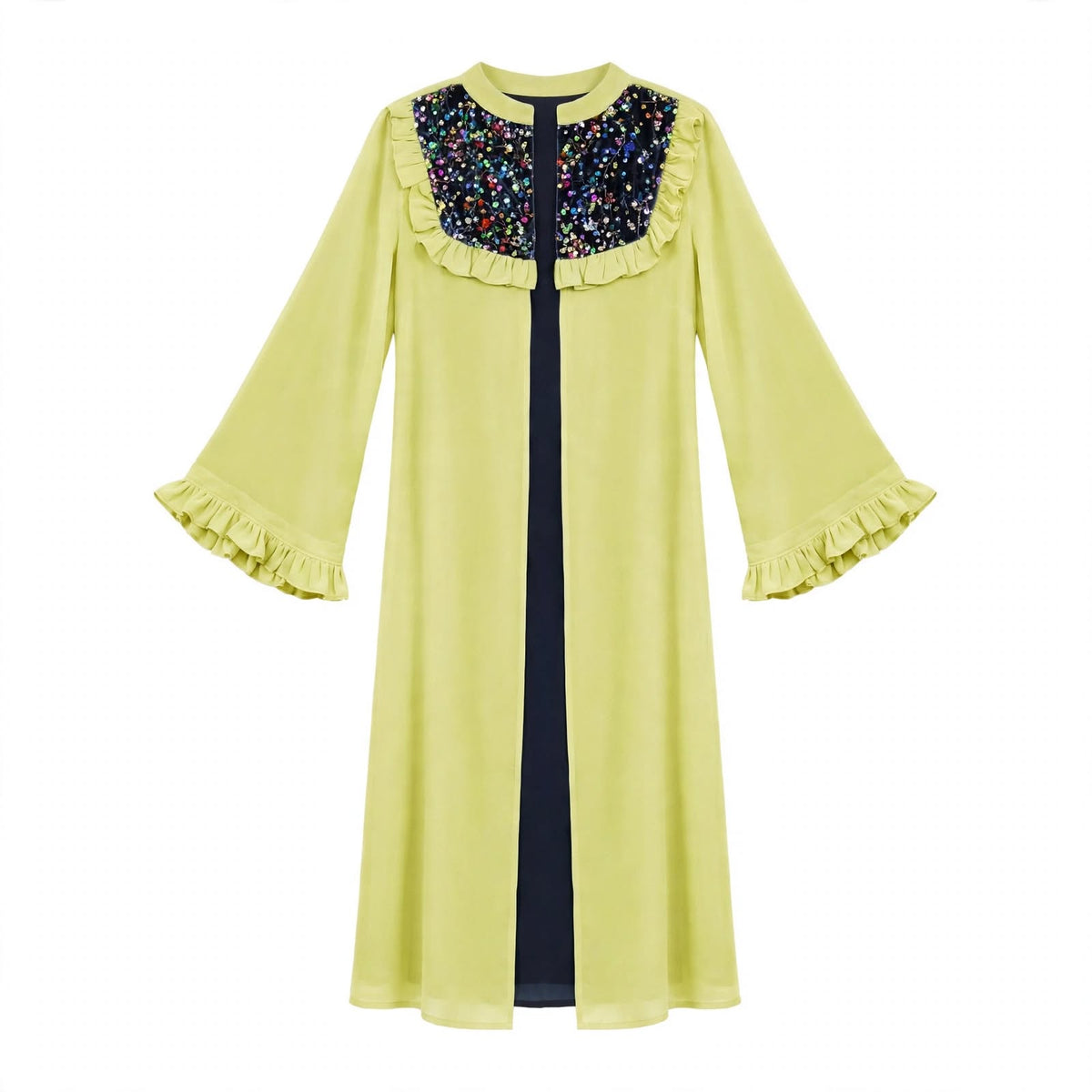 Lime green long shrug with navy sequin yoke and ruffled bell cuffs