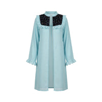 Sky blue open front shrug with multicolour sequin yoke and ruffle trim