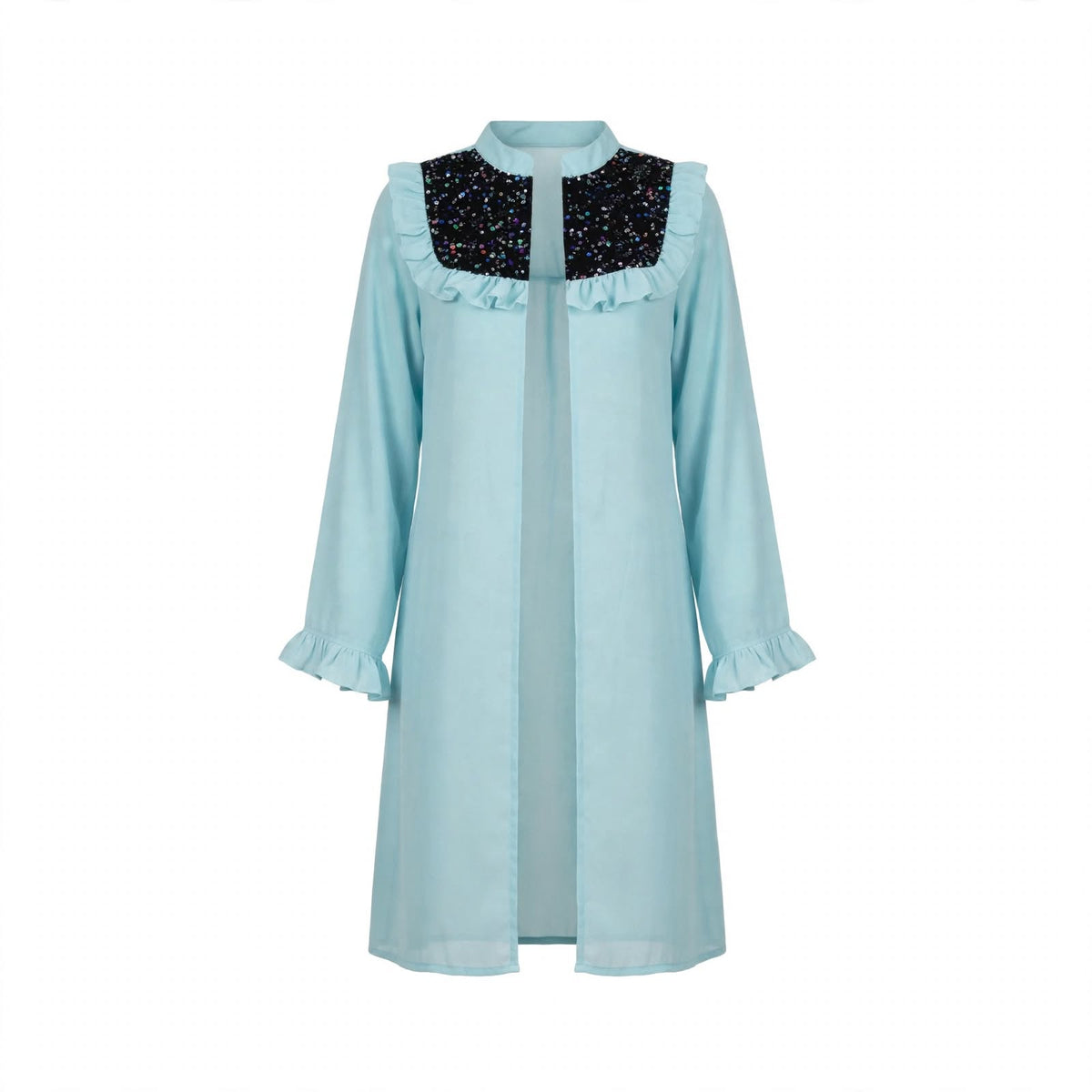 Sky blue open front shrug with multicolour sequin yoke and ruffle trim