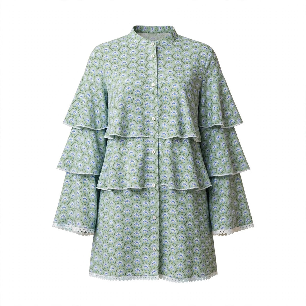Mint green floral tiered ruffle top with white lace trim