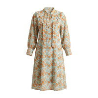 Sage green and rust floral midi dress with lace ruffle collar and bow tie