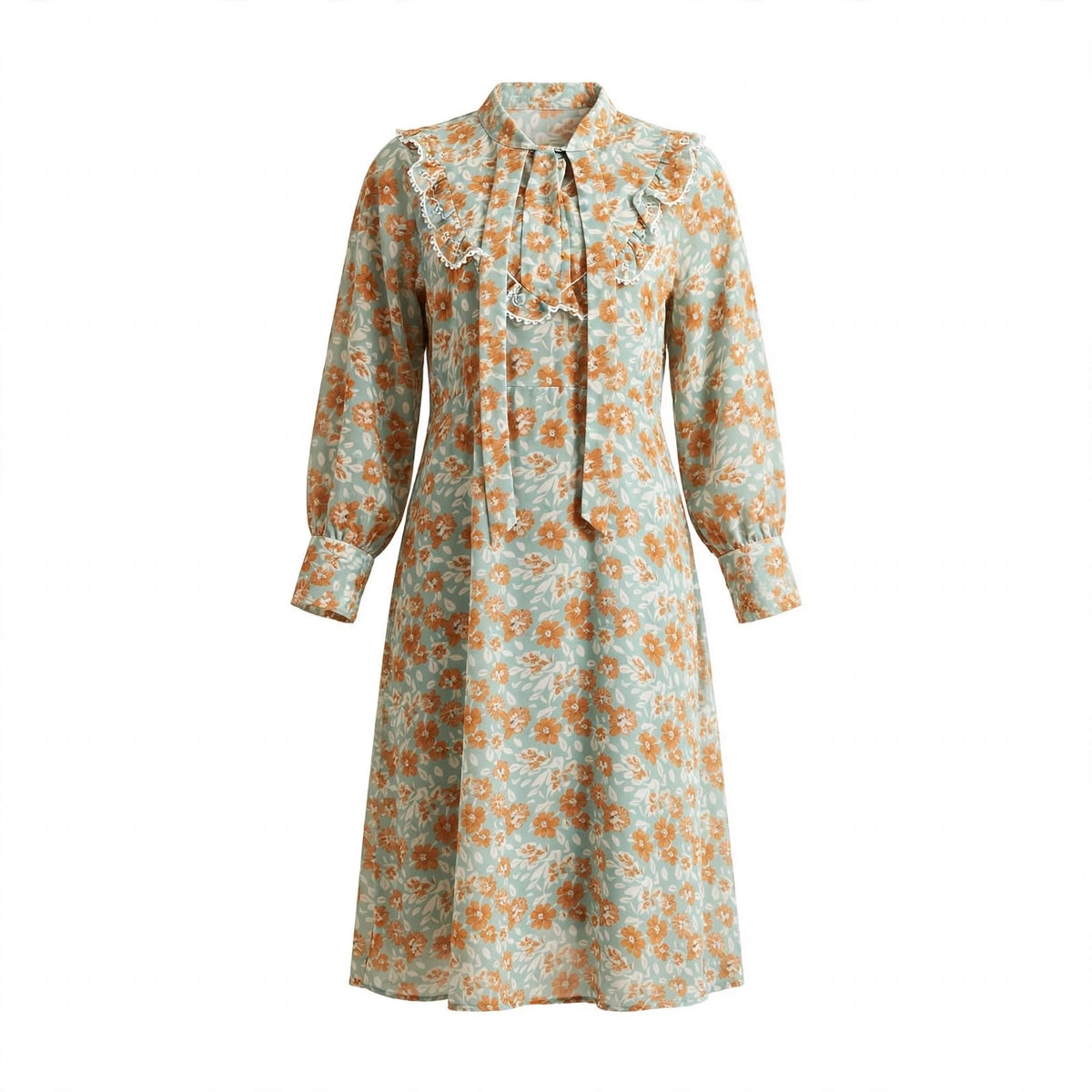 Sage green and rust floral midi dress with lace ruffle collar and bow tie