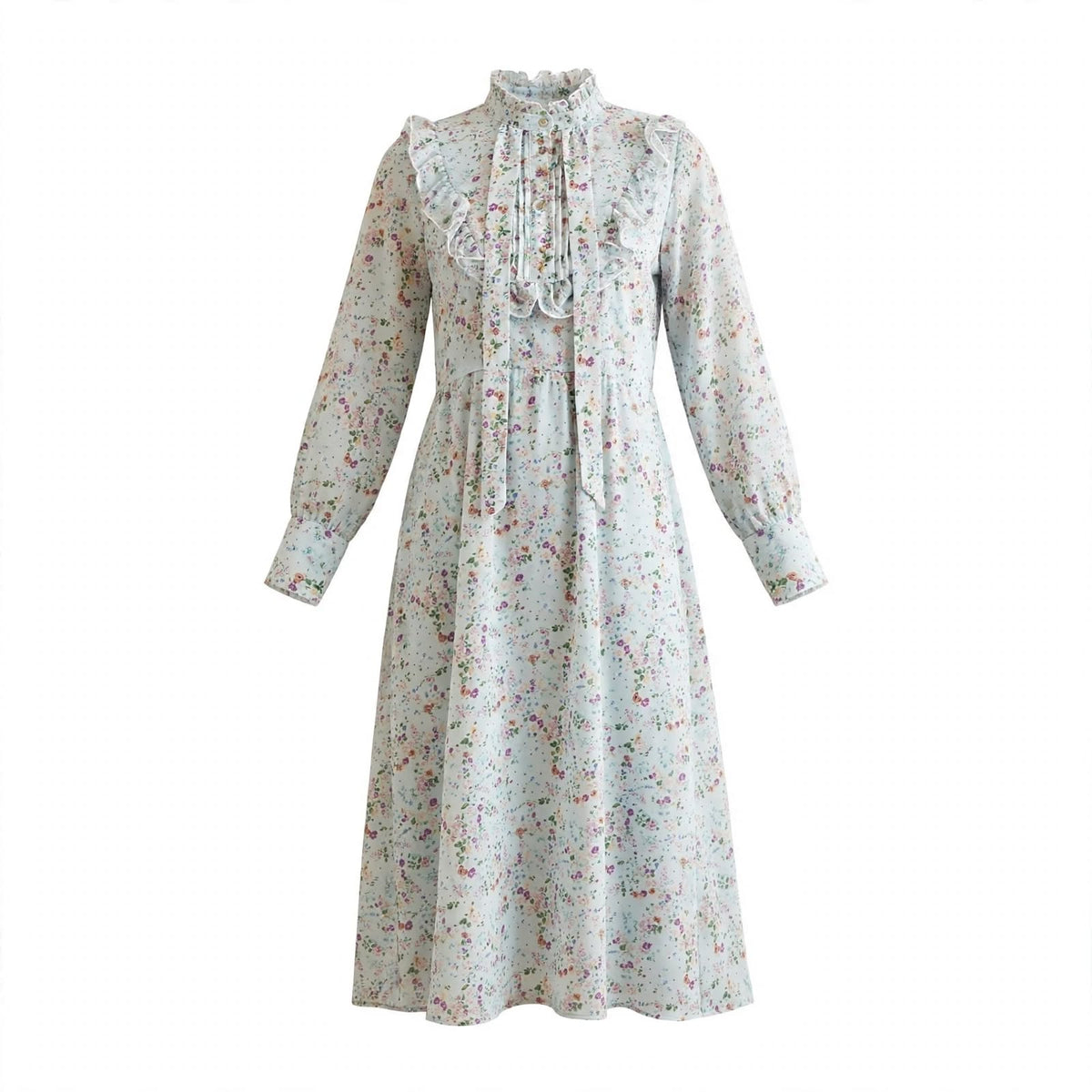 Pale blue ditsy floral midi dress with frilled high neck and ruffle yoke
