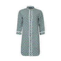 Green and navy daisy print long shirt with white lace placket trim