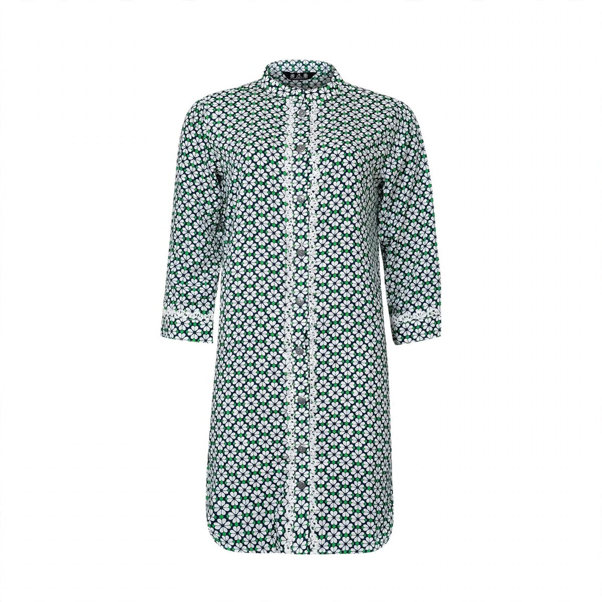 Green and navy daisy print long shirt with white lace placket trim