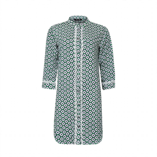 Green and navy daisy print long shirt with white lace placket trim