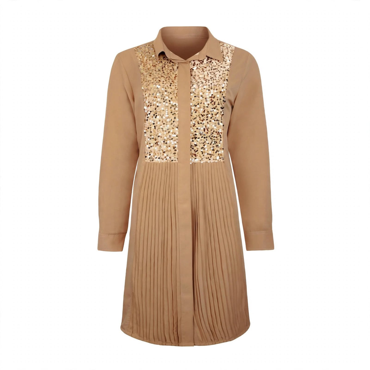 Camel shirt dress with gold sequin bib panels and knife-pleated skirt
